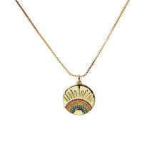 An 18K gold plated rainbow burst necklace with multicolored cubic zirconia rhinestones, on a 1mm box chain. LGBTQ, Pride Rainbow Necklace. 