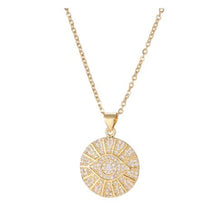A gold-colored evil eye pendant necklace with sparkling rhinestones, an 18-inch cable chain, and a 2-inch extender made of stainless steel.