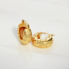 A pair of textured gold hoop earrings with a woven or braided leaf-like pattern, displayed on a clean white surface.