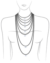A necklace size guide diagram showing a female torso outline with layered necklace curves and printed measurements from 16 inches to 36 inches.