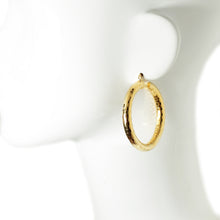 Mannequin wearing 2 inch 18K gold plated textured hoop earrings, close up. 