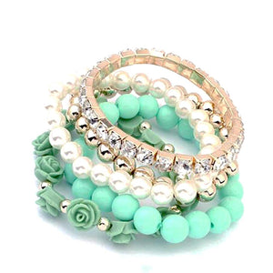 Rose bead and imitation pearl stretch bracelets. Five bracelets in set. Colors: Mint, Coral, Black, Ivory