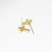 18K gold plated cross stud earrings with cubic zirconia rhinestones view of back and posts