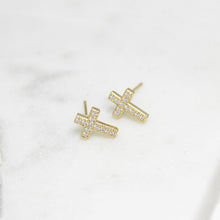 18K gold plated cross stud earrings with cubic zirconia rhinestones
