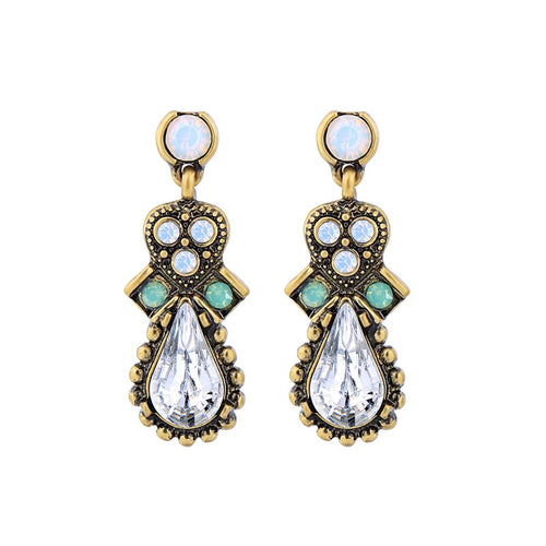 Vintage gold tone waterdrop earrings with beautiful teal and light blue opal rhinestones. Earrings measure 1 1/4