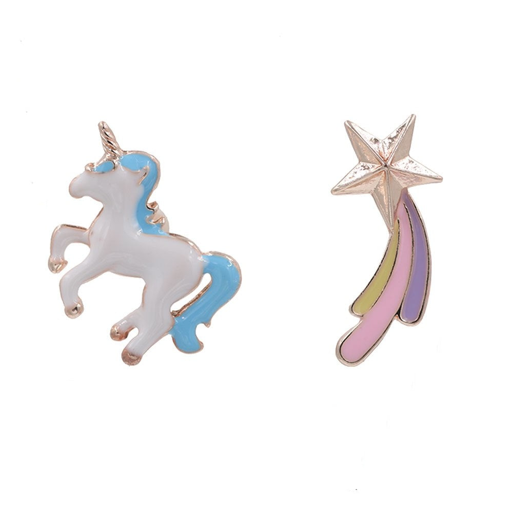 Adorable pastel colored unicorn and star earring set. Gold tone metal with pastel colored enamel overlay. Earrings measure: Unicorn-  3/4