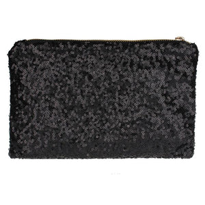 Black sequin clutch has a zippered top plus a small zipper pouch on the inside for discreet items. The interior is a leopard vinyl pattern. Clutch measures 9 1/2" wide by 6" tall. Top zipper opening measures 7 1/2" wide. 