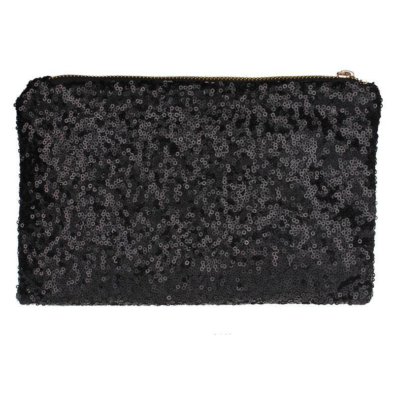 Black sequin clutch has a zippered top plus a small zipper pouch on the inside for discreet items. The interior is a leopard vinyl pattern. Clutch measures 9 1/2