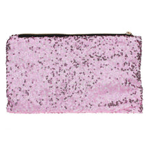 Sequin clutch has a zippered top plus a small zipper pouch on the inside for discreet items. The interior is a leopard vinyl pattern. Clutch measures 9 1/2" wide by 6" tall. Top zipper opening measures 7 1/2" wide. Color: Pink.