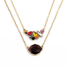 Antique gold colored necklace with gorgeous colorful merlot pendant. First layer measures 15 1/2" long and second layer measures 18" long. Necklace has a 2" extension. Matching earrings sold separately.
