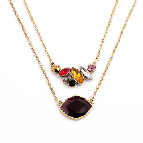 Antique gold colored necklace with gorgeous colorful merlot pendant. First layer measures 15 1/2