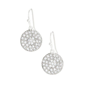 Petite round crystal hook earrings. Bright silver tone color. Earrings measure 1" long.