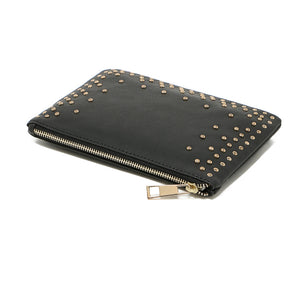 Black gold studded clutch has lined interior, pocket for cell phone, and a zippered pocket. Clutch measures 6 1/2" tall by 9" wide. Made of polyurethane material (faux leather).