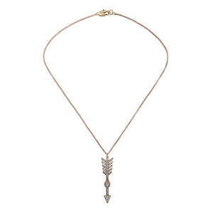 Glam crystal arrow necklace in an antique gold color chain and faux stone. Necklace measures 20" long. Arrow measures 2 3/8" long by 1/2" wide.