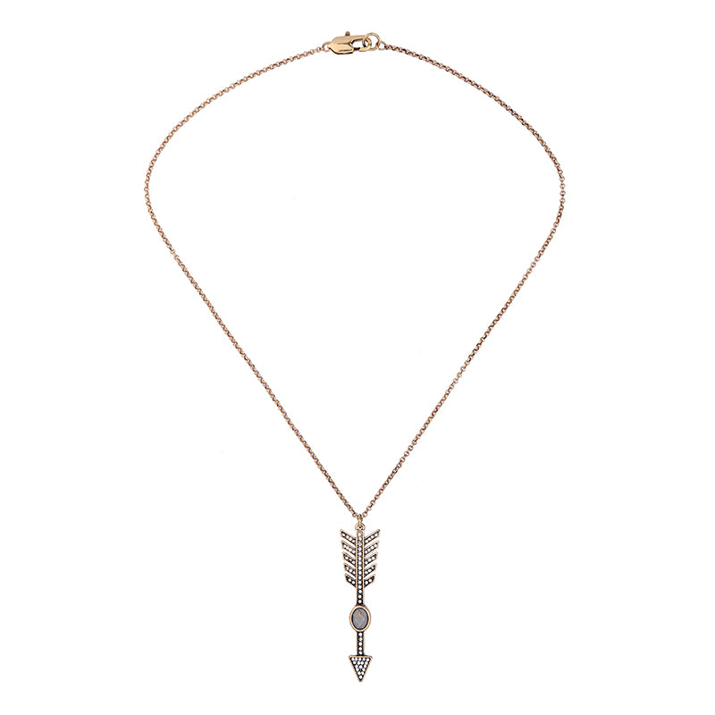 Glam crystal arrow necklace in an antique gold color chain and faux stone. Necklace measures 20