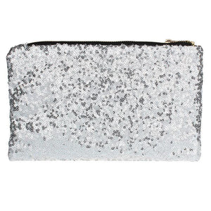 Sequin clutch has a zippered top plus a small zipper pouch on the inside for discreet items. The interior is a leopard vinyl pattern. Clutch measures 9 1/2" wide by 6" tall. Top zipper opening measures 7 1/2" wide.  Color: Silver.