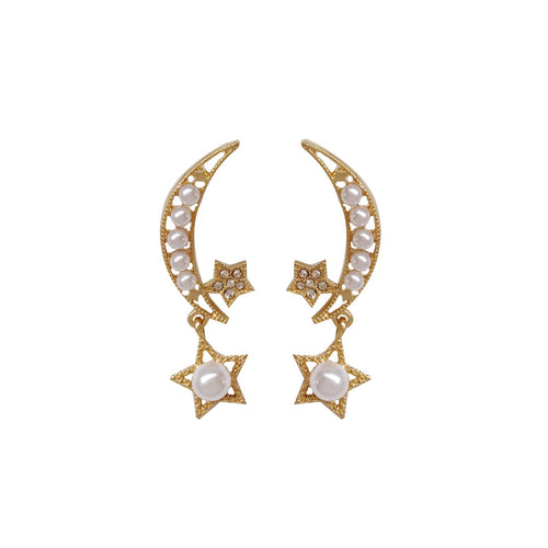 Crescent Moon Star Pearl Earrings