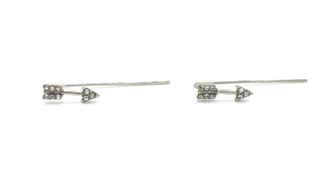 Petite arrow earrings with clear crystal accents. Front side is an arrow, back side is a straight wire hook. Arrow measures 1/2" long. Wire hook measures 1" long.
