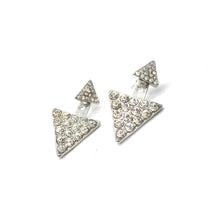 Rhinestone triangle ear jackets. The smaller triangle can be worn alone without the lower part. Earrings measures 1" long. Colors: Silver or Gold.
