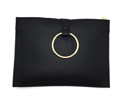 Stylish and modern hand clutch with a large gold decorative ring and magnetic closure, plus zipper closure. Clutch measures 9