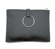 Stylish and modern hand clutch with a large gold decorative ring and magnetic closure, plus zipper closure. Clutch measures 9" wide by 6 1/4" long. Zipper opening measures 6 1/2" wide. Colors Available: Black, Grey, Pink.