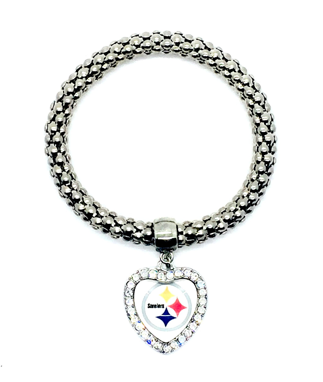 Show the love of your football team with this Steelers pendant bracelet. Heart shaped rhinestone pendant. Stretch bracelet measures 6 1/2