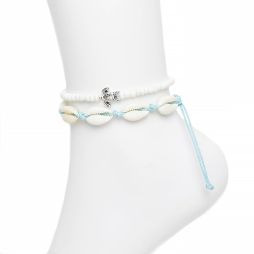Cowrie Turtle Beaded Anklet Set