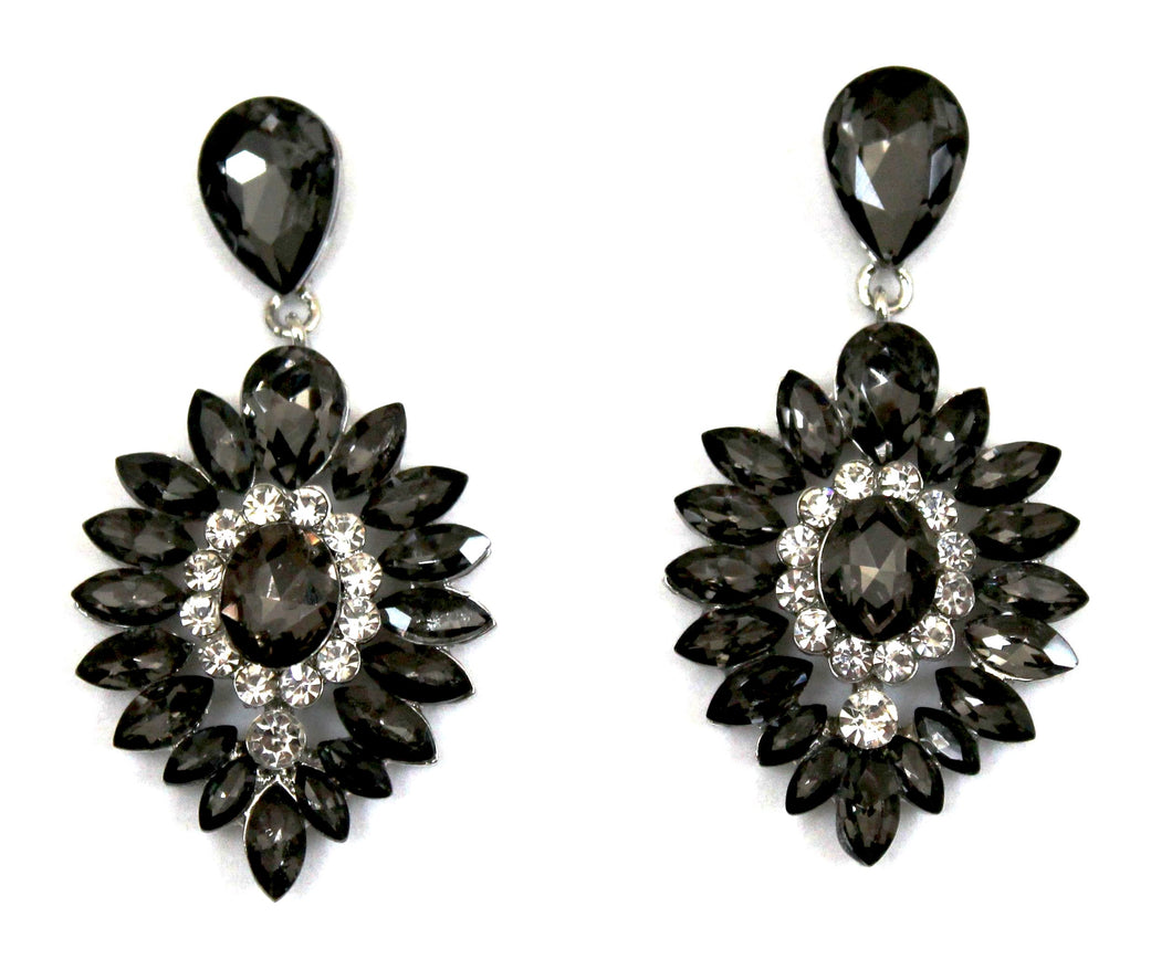 Elegant grey and clear rhinestone earrings in a silver metal color. Earrings measure 2
