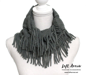 Soft knit fringe infinity scarf. Color: Grey