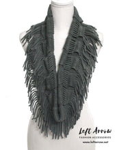 Soft knit fringe infinity scarf. Color: Grey