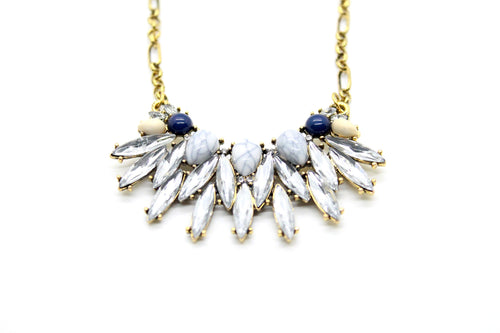 Vintage style faux marble necklace and earring set with navy blue and ivory accent stones. Necklace measures 18