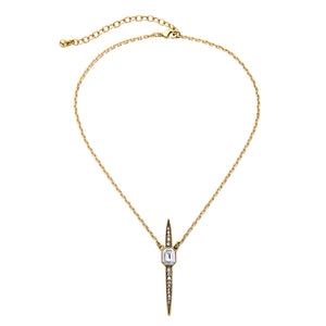Glam spike necklace with clear rhinestones and an antique gold color chain. Necklace measures 14" long with 3" extension. Pendant measures 2 3/8" long.