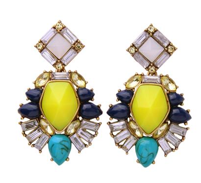 Beautiful and glamorous combination of yellow and navy blue in an antique gold color setting. Earrings measure 2 1/2