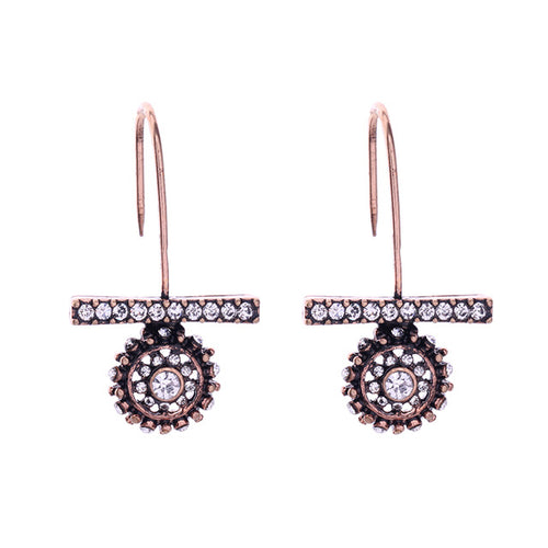 Vintage style gold tone hook earrings with rhinestone bar and circle. Earrings measure 1 1/4