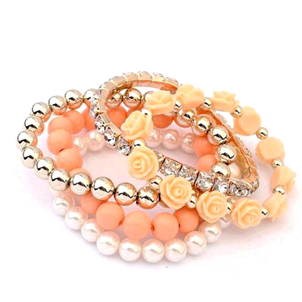 Rose bead and imitation pearl stretch bracelets. Five bracelets in set. Colors: Mint, Coral, Black, Ivory