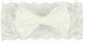 Girls white lace stretch headband with bow