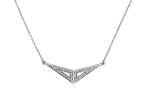 Modern silver color geometric triangle shape necklace. Necklace measures 17